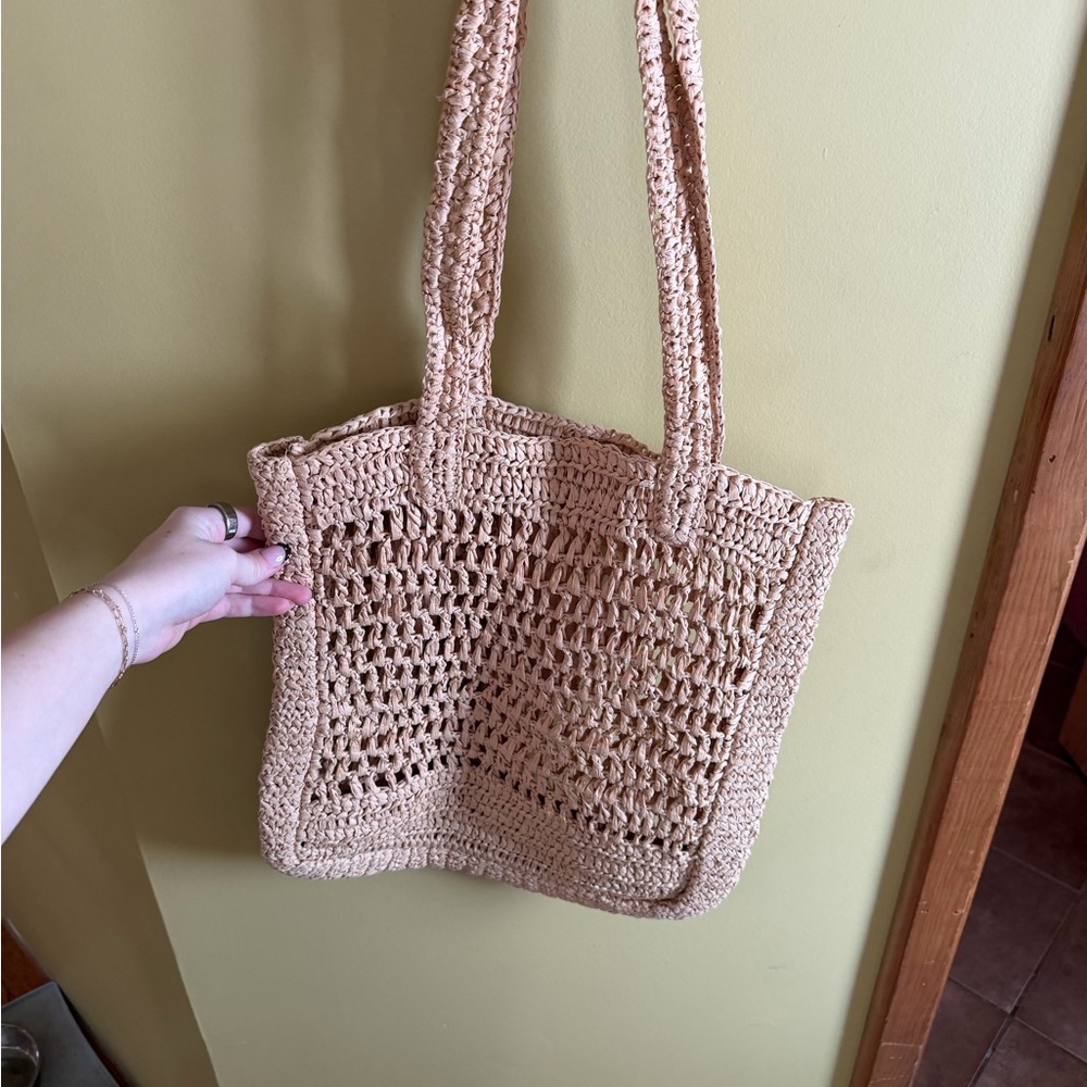 Woven Crochet Tote Bag in Beige